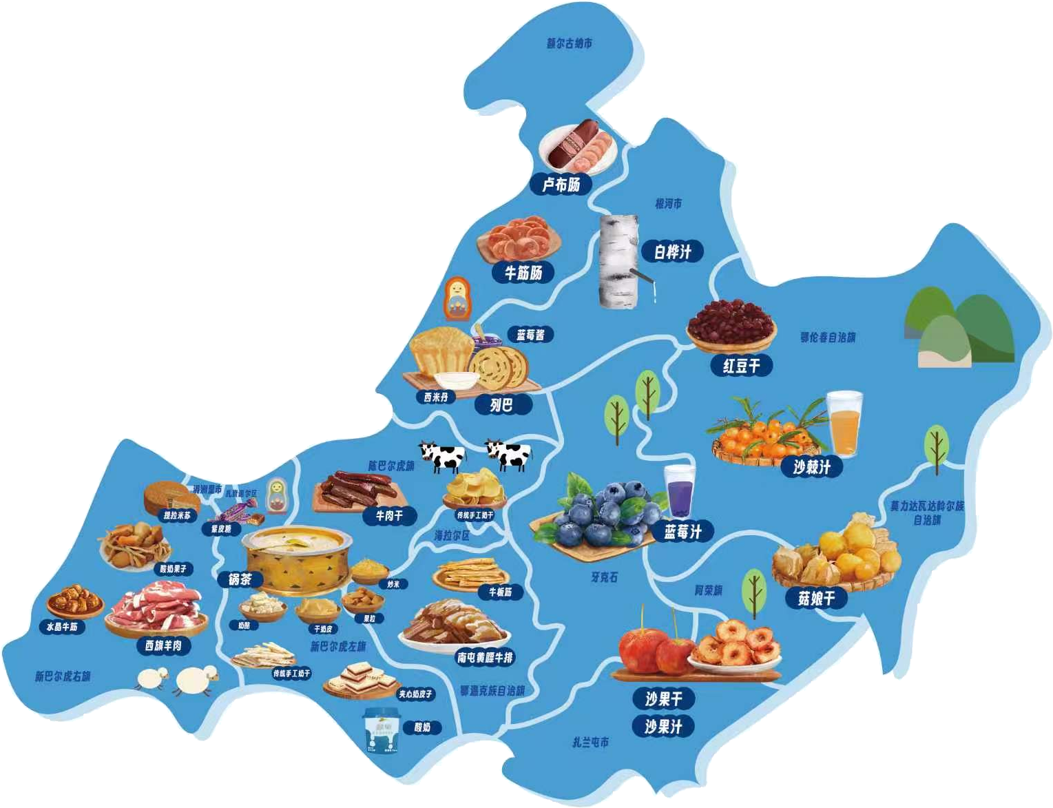 呼伦贝尔手绘特产地图，保留草原美食、俄式风味、林区与农区物产在原图中的分布
